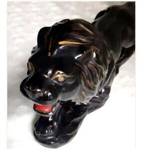Vintage Lion Figurine Ceramic Statue Mid Century Art Deco Prowling Roaring MCM